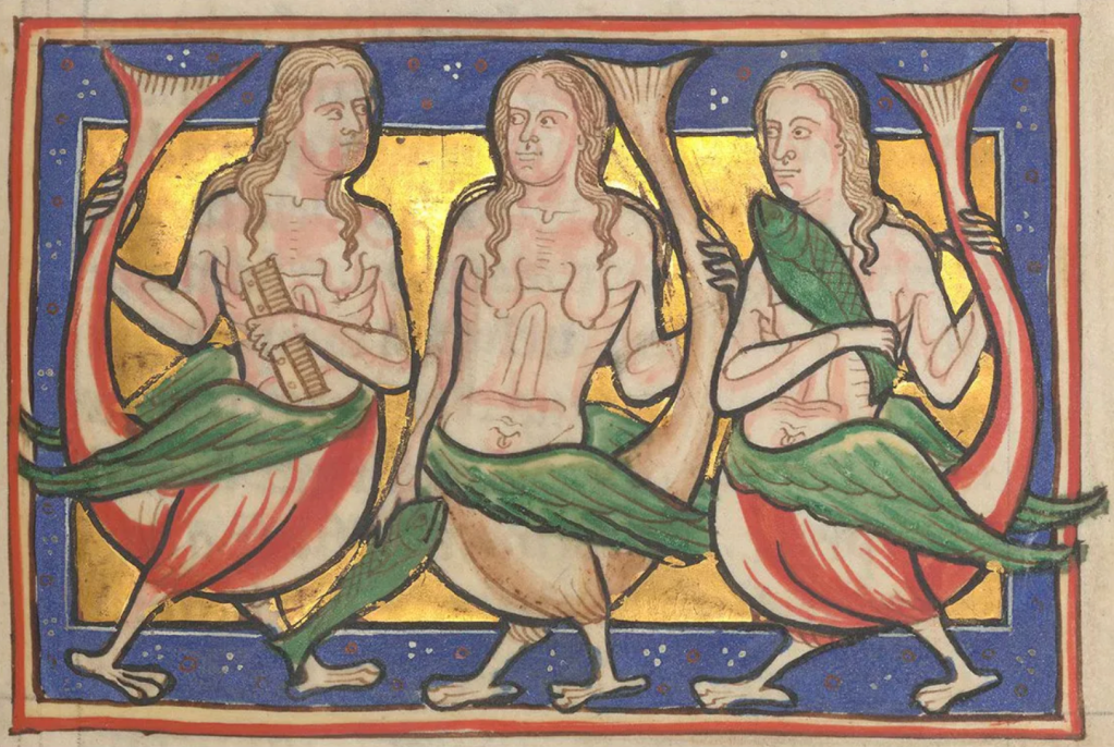 Medieval illustration showing three siren figures with human upper bodies, fishlike tails, and birdlike limbs or wings, standing side by side within a decorative frame.