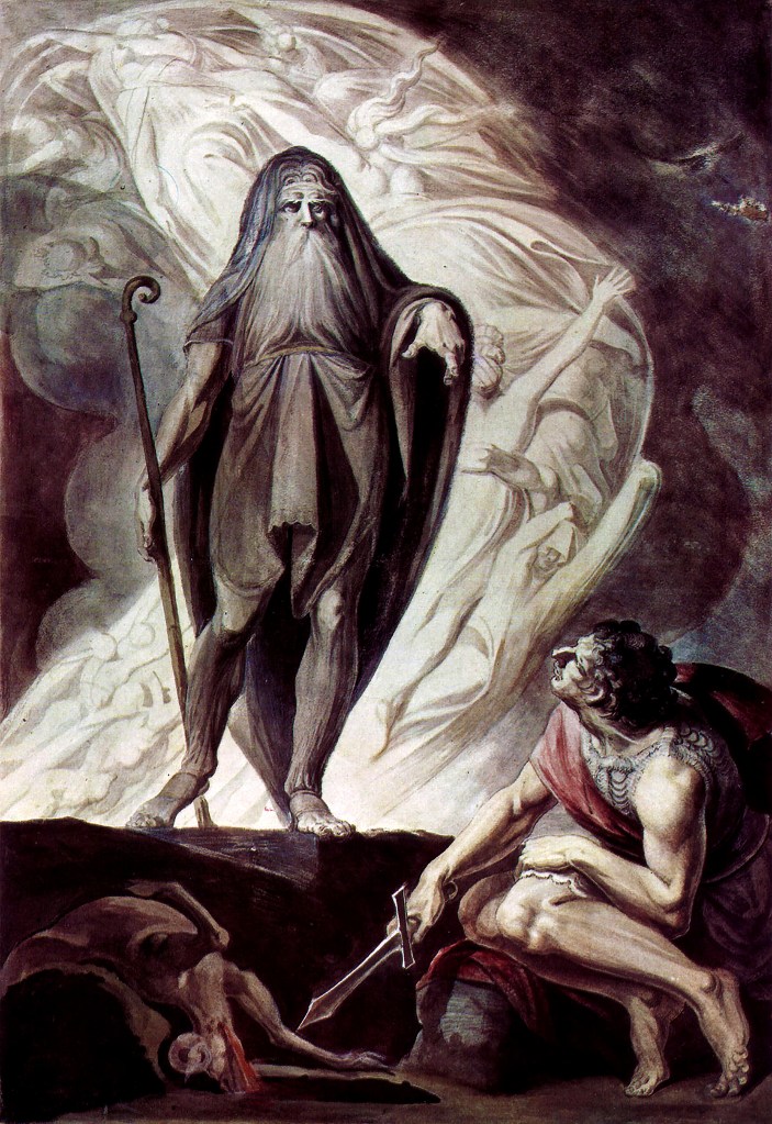 A dark Romantic painting depicting the blind prophet Tiresias emerging like a ghostly figure from swirling smoke and shadow. Draped in dark robes and holding a staff, the seer towers above a kneeling man holding a sword beside a sacrificial fire. Pale spectral forms twist through the background, creating an atmosphere of prophecy, dread, and supernatural revelation.